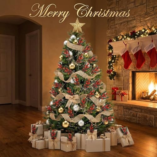 Suncalla 22 Pcs Christmas Artificial Floral Picks 8 Inch Red Berry Pine Cones Picks with Burlap Ribbon Rolls Fake Holly Branches for Wreaths Xmas Tree Arrangement Holiday DIY Gift Craft(Snow Frosted)