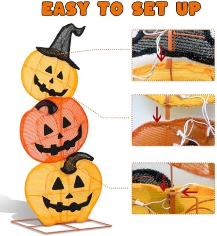 Halloween Lighted Stacked Pumpkins Decoration, Pre-Lit with 50 Warm White Lights Jack-O-Lantern Pumpkins Lights, Halloween Light Up Pumpkin for Indoor, Outdoor, Porch, Yard, 39’’ H