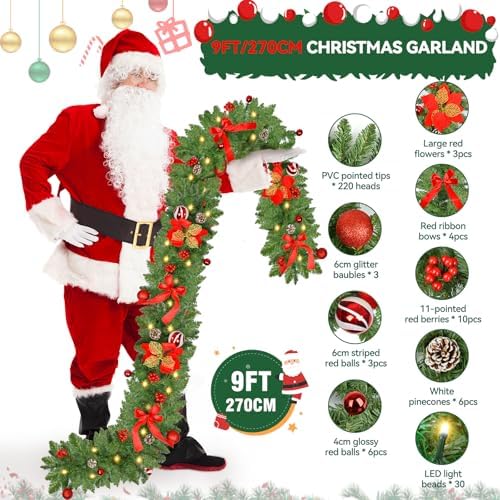Christmas Garland with Lights 9FT Timer Prelit Garland Battery Operated Outdoor Indoor Christmas Decorations 30 LEDs Lighted Garland for Stairs Railing Fireplace Mantle Front Door Home Holiday Decor