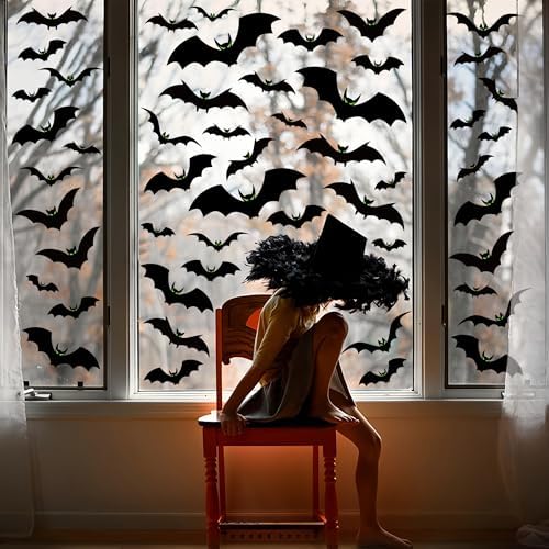 6 Sheets Halloween Window Clings Large Scary Bats Silhouette Window Decals Black Bats with Glow Eyes Windows Stickers Double Sided Windows Decoration for Home School Office Glass Halloween Party Decor