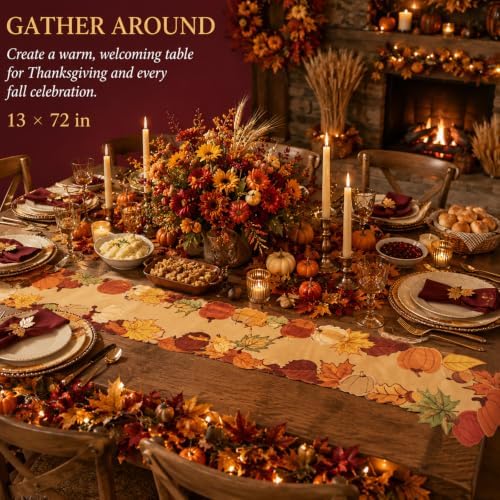 13x72In Fall Thanksgiving Embroidered Table Runner with Pumpkin Maple Leaf