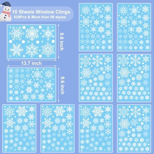 NEWMIAO 438Pcs Snowflake Window Cling Stickers for Christmas Decorations, 10 Sheets Christmas Window Clings of Different Shapes Xmas Decals for Glass Home Decor Indoor and Outdoor Party Supplies