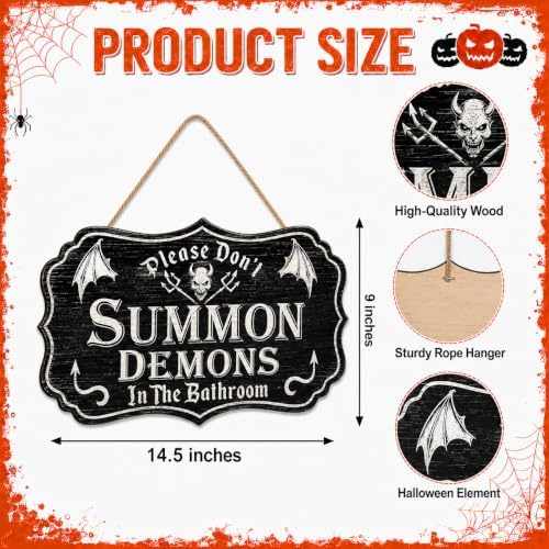 Halloween Bathroom Sign, Wooden Please Don't Summon Demons Goth Door Decor