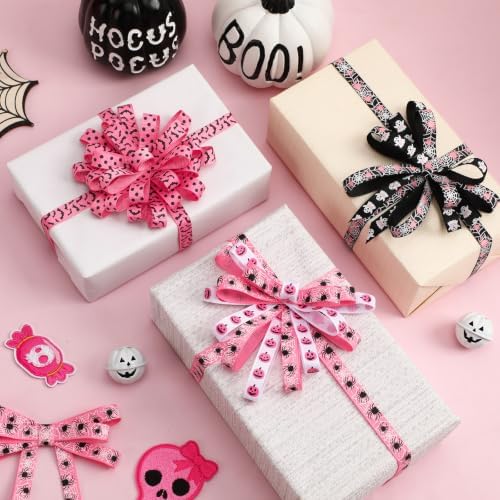 DECYOOL Pink Halloween Ribbon, 6 Rolls 60 Yards Spooky Grosgrain Ribbons