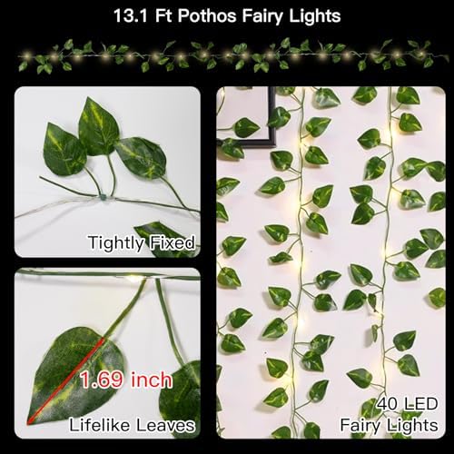 suddus 13.1FT 40LED Pothos Vine with Lights Battery Operated Copper Wire