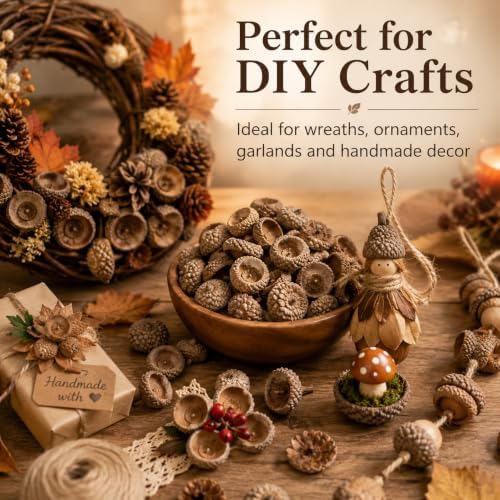 100Pcs Natural Acorn Caps for Crafts, Dried Acorn Tops Fall Decor