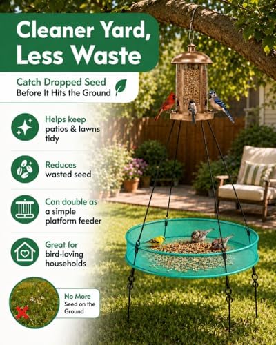 Bird Seed Catcher Tray for Outdoor Hanging Feeders, 21" Upgraded Anti-Flip Feeder Tray with 4" Deep Windproof Platform, Stable Design to Catch Dropped Seeds, Fits Most Bird Feeders(Green)