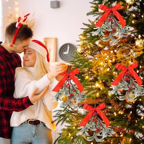 XunYee 12 Pcs Christmas Mistletoe Hanging Picks with Bow, Red Berries