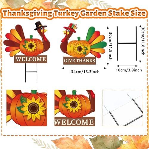 JarThenaAMCS 2 Pack Thanksgiving Fall Metal Garden Stakes Decorations Turkey Pumpkin Welcome Yard Sign for Autumn Harvest Outdoor Lawn Patio Walkway