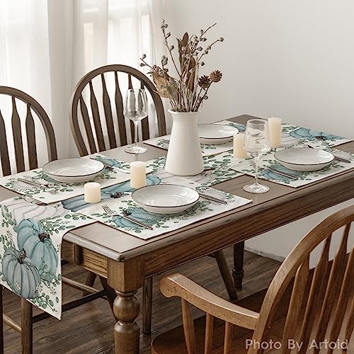 Artoid Mode Pumpkins Eucalyptus Leaves Fall Placemats Set of 4, 12x18 Inch Autumn Thanksgiving Holiday Table Mats for Party Kitchen Dining Decoration