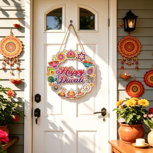 Happy Diwali Decorations Diwali Wreath Hangings Sign for Front Door