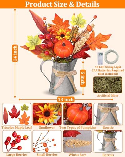 [Light & Timer] Fall Decor Table Centerpiece Rustic Metal Milk Jug with Artificial Orange Maple Tree Pumpkin Sunflower Wheat, Fall Floral Arrangement Decoration for Home Kitchen Autumn Thanksgiving