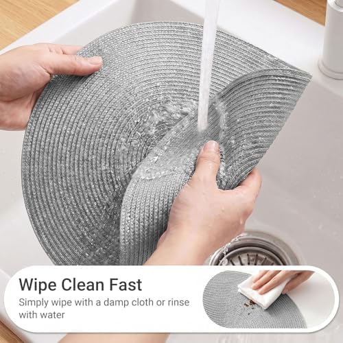 FunWheat Round Braided Placemats Set of 8 Place Mats for Dining Table Woven Washable Non-Slip Table Mats 15 Inch(Grey,8pcs)