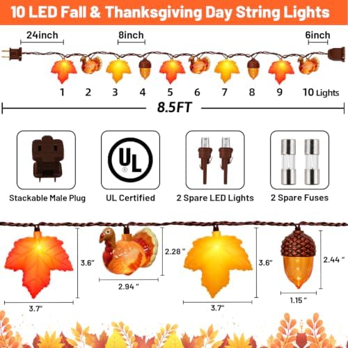 8.5Ft Fall Thanksgiving Decor String Lights, 10 LED Maple Leaves Acorn Turkey Lights Home Porch Fireplace Autumn Harvest Party, Indoor Outdoor Thanksgiving Decor, Plug in
