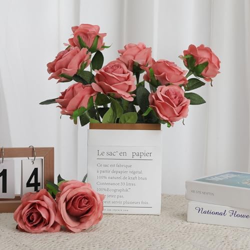 Pink Fake Roses Artificial Flowers - 10 Pcs Fake Artificial Roses Silk Flowers with Stems for Home Wedding Hotel Office Centerpiece Decor（Dusty Pink）