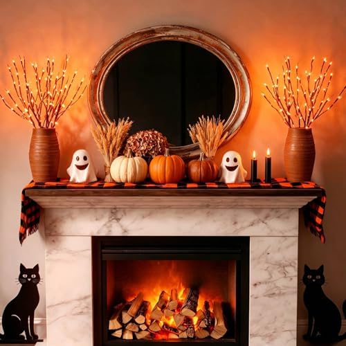 AMARS 2 Pack Halloween Lighted Branches Lights Decorations, Battery Operated, Twig Willow Decorative Orange Red LED Branch for Vase, Indoor, Fireplace, Porch, Party