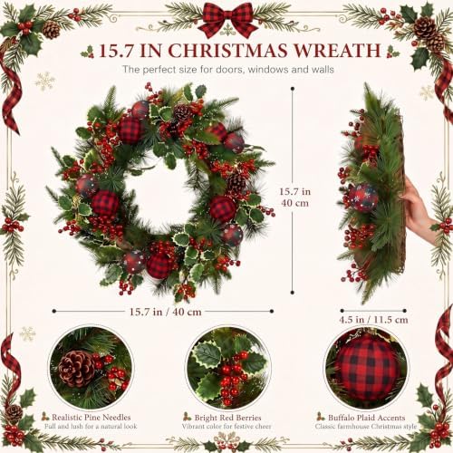 Tartan Plaid Christmas Wreath for Front Door Cedar Wreath with Holly Berry