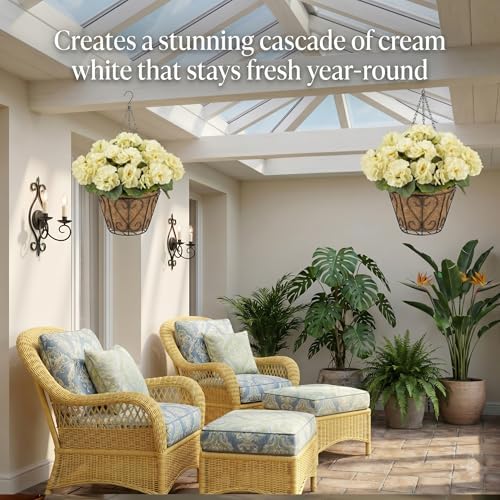 2 Pack Artificial Geraniums Flowers with Hanging Baskets,UV Resistant Silk Faux White Geranium Flowers with Hanging Planters for Outdoor Patio Balcony Front Porch Garden Home Decor