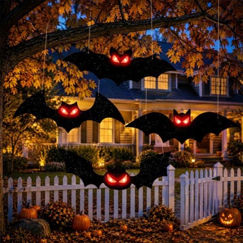 4PCS Lighted Halloween Hanging Bats for Yard Outdoor Indoor Decor