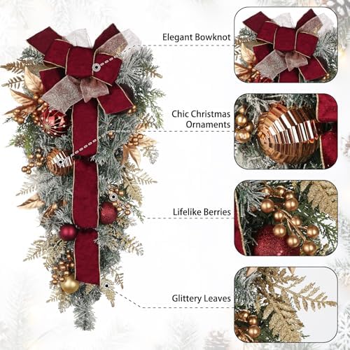 Christmas Teardrop Swag for Front Door with Ornaments, Berries, Bow, 27.5" Christmas Swag Wreath for Stair Window Wall Mantel, Artificial Christmas Swags for Xmas Winter Holiday Decorations, Burgundy