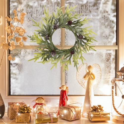Winlyn 4 Pcs Artificial Frosted Twig Candle Rings Christmas Candle Holder Rings Wreaths Faux Twigs Wreath Glitter Mini Pinecones 10" Wide for Holiday Winter Seasonal Décor