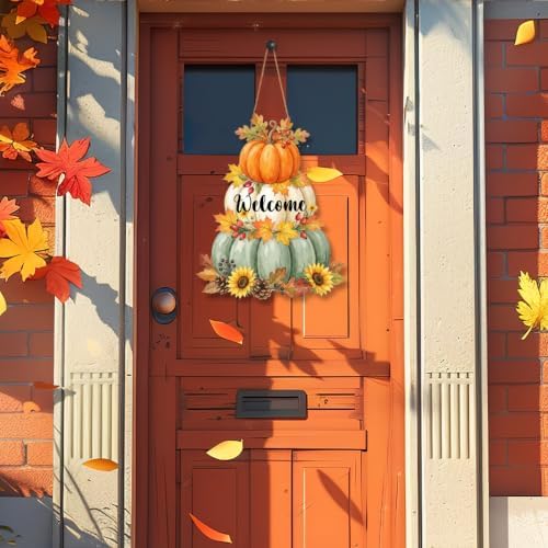 Fall Welcome Wreath Sign Wooden Pumpkins Maple leaves for Front Door