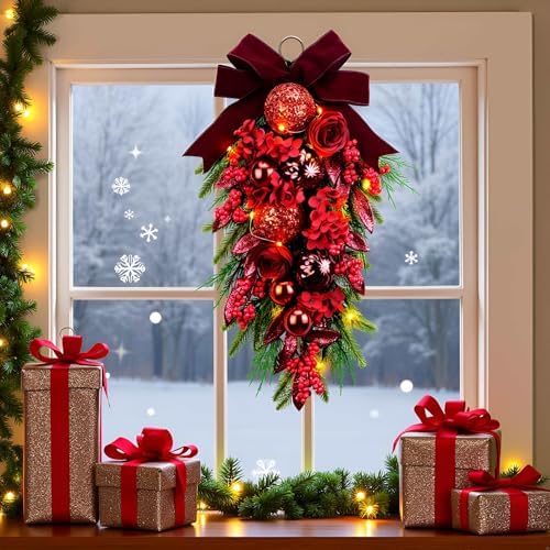 YULETIME 24" Christmas Teardrop Swag, Red Hydrangea Baubles 20 Fairy Lights