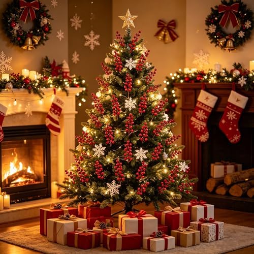 DR.DUDU 48 Pack Red Berry Stems for Christmas Tree Decor, 8 Inch