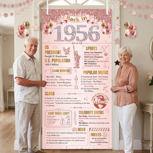 70th Birthday Decorations for Women, Rose Gold Back in 1956 Door Cover Decor, Seventy 70 Years Old Bday Large Front Door Cover Sign Backdrop Banner Supplies Decor, 3x6 Ft