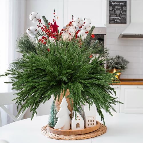 Palonu 8Pcs 28 Inches Christmas Norfolk Pine Branches, Artificial Norfolk Pine Stems Faux Greenery, Fake Picks Pines Stems for Vase DIY Garland Wreath Xmas Indoor Outdoor Home Decor