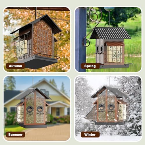FlowaFoli Bird Feeders for Outdoors, Metal Bird Feeder with Double Suet Cage Weatherproof Metal Roof, 2 in 1 Mixed Seeds Suet Feeder, 4Lbs Large Capacity, Great for Finch、Cardinal、Chickadee（Brown）