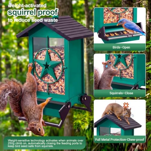 Squirrel Proof Bird Feeders for Outdoors with Weight-Activated, Metal 5LB Large Wild Bird Feeders for Cardinals,Blue Jay,Finch, Weatherproof Durable Hanging Bird Feeder for Backyard,Garden (Green)