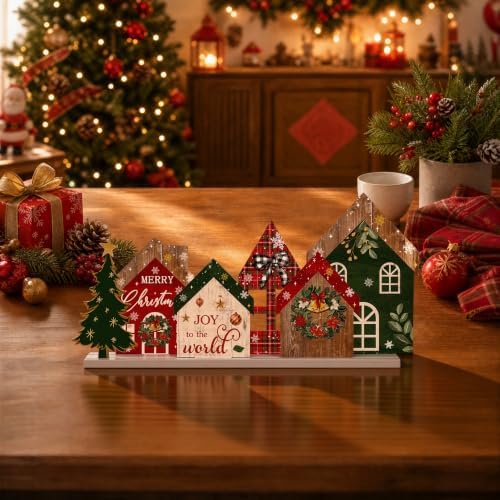 Smile Wooden Christmas House Tabletop Decor Rustic Plaid Cabin Xmas Tree Winter Farmhouse Centerpiece Sign
