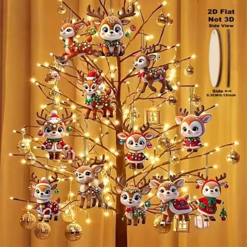 24 Pcs Cute Reindeer Christmas Tree Hanging Ornaments 2D Flat Wooden Pendant Ornament Xmas Cartoon Elk Christmas Hanging Ornaments for Home Holiday Party DIY Decoration