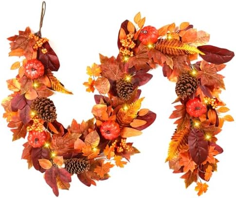 SHareconn 2 Packs 6ft Fall Garland with Lights and Timer for Mantle