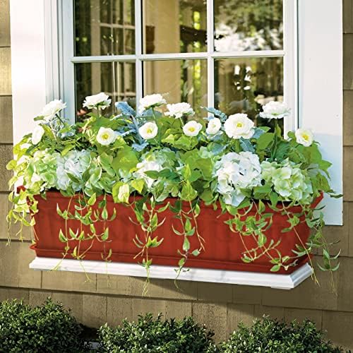 Window Box Planter, 6 Pcs 17" Flower Rectangle Planter with Tray, Brick Red