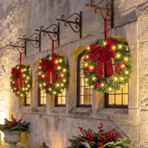 VINGLI 14 Inch Solar Christmas Wreath 3 Pack with 60 LED Lights, Red Bow