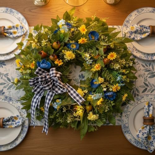 WANNA-CUL 24 Inch Blue Yellow Summer Wreath for Front Door All Season Decor