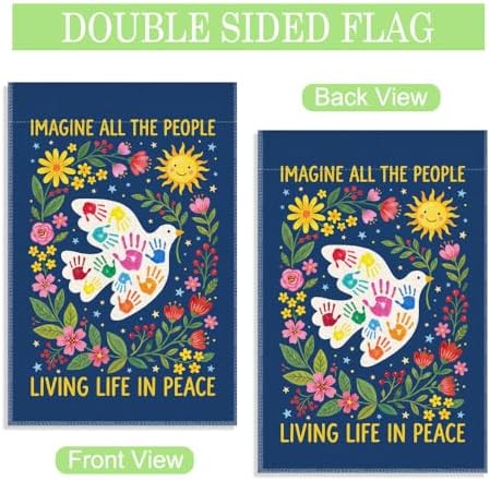 Imagine All The People Living Life In Peace Garden Flag, 12 x 18 Inch Double Sided Dove Peace Floral Decor, Inspirational Unity Kindness Outdoor Banner Gifts for Neighbor Friend Family