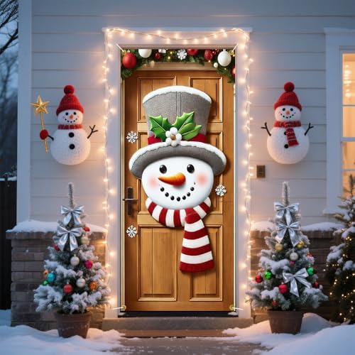 Snowman Door Hanger 35x71in Holly Top Hat Pine Arch Accent