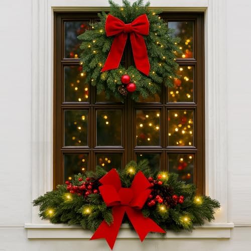Yalikop 1 Pcs 24.5 Inch Christmas Swags with Light, Red Bow and Berry