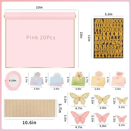 52Pcs Flower Bouquet Wrapping Paper Accessories Kit, 20 Sheets Pink Waterproof Floral Wrapping Paper, 12 Gold 12 Pink Butterflies, 5 Cards, 1 Ribbon, 1 Letter 1 Rhinestone Sticker (Gold Edge)
