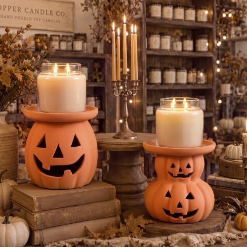 Tioncy 2pcs Halloween Decor Terracotta Jack O Lantern Pumpkin Candle Holder