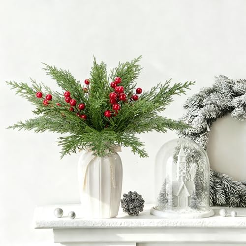 30 Pcs/Set Christmas 3D Artificial Pine Branches- 12.5 Inch Faux Evergreen Cedar Sprigs Branches- Fake Foliage Pine Needles Picks with Artificial Red Berry Stems for DIY Christmas Decoration