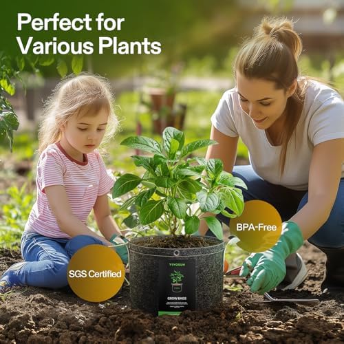 VIVOSUN 10-Pack 5 Gallon Grow Bags, 500G Thick Nonwoven Fabric Pots with Strap Handles, Multi-Purpose Rings, for Low