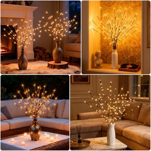 Lighted Willow Branches for Vase Decoration: 3-Pack 36 Inch 96 LED Warm White Twigs, Indoor Home Decor, Wedding Party Centerpiece, Living Room Bedroom Accent Lighting