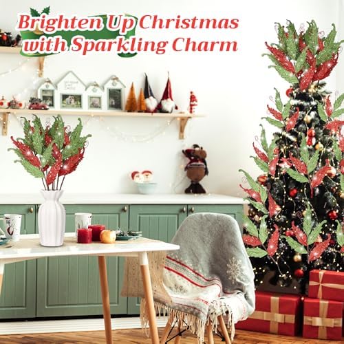 HyDren 10 Pcs Christmas Glitter Leaves Ornaments, Red and Green