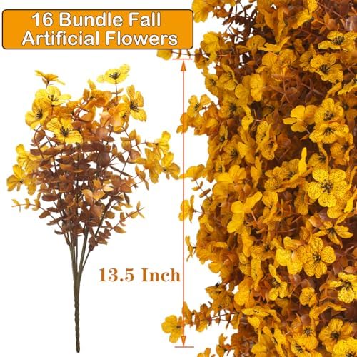 Grunyia 16 Bundles Artificial Fall Mums Outdoor UV Resistant, Fake Silk Plants No Fade Faux Greenery for Garden Porch Patio - Autumn Thanksgiving Christmas Home Decor (Fall Yellow)