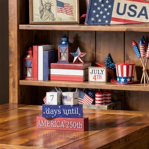 Smile Patriotic 250th Anniversary Countdown Calendar - Wooden Blocks Decor with Days Until Sign, 4th of July & Memorial Day Tiered Tray Decor, American Holiday Home Decor