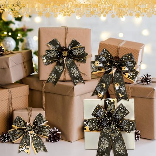 Wavyknot 6 Rolls Christmas Wired Edge Ribbon 2 Inch x 30 Yards Black Gold